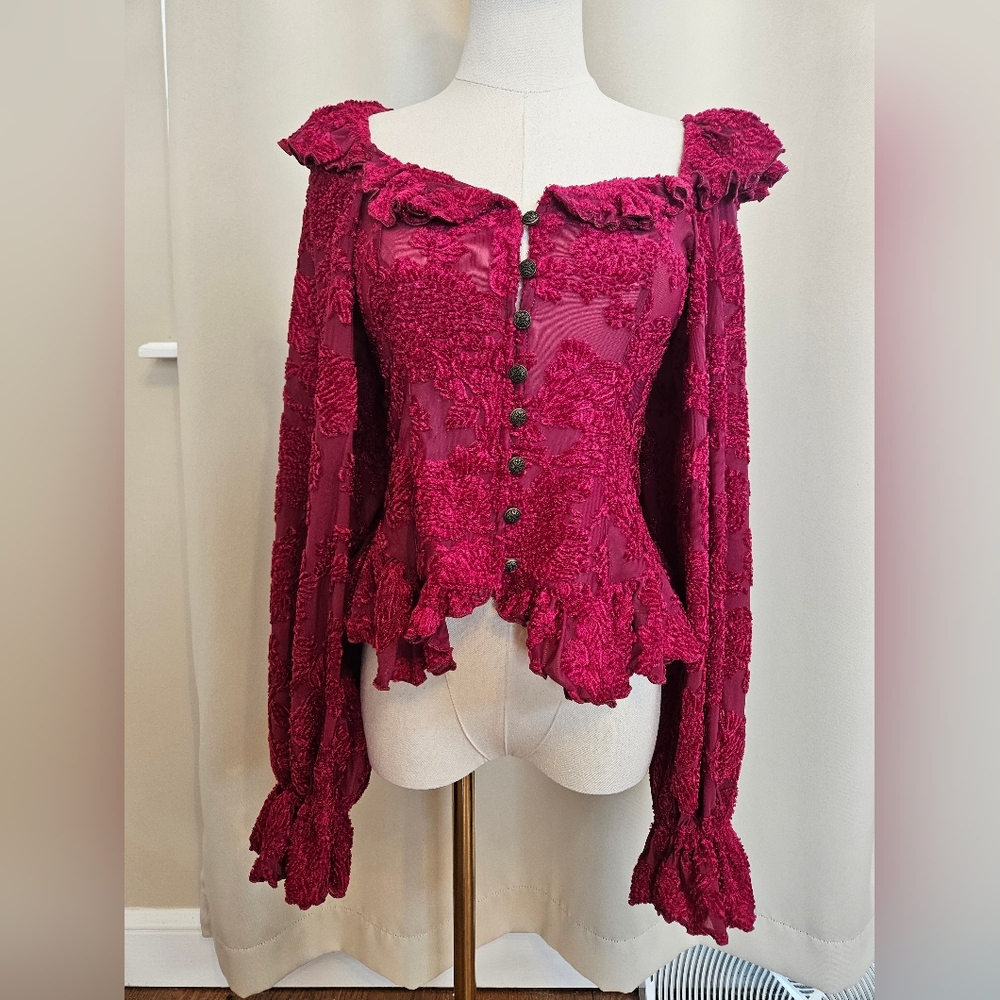 Anthrpologie Deep Red Velvet Burn-out Blouse Size S